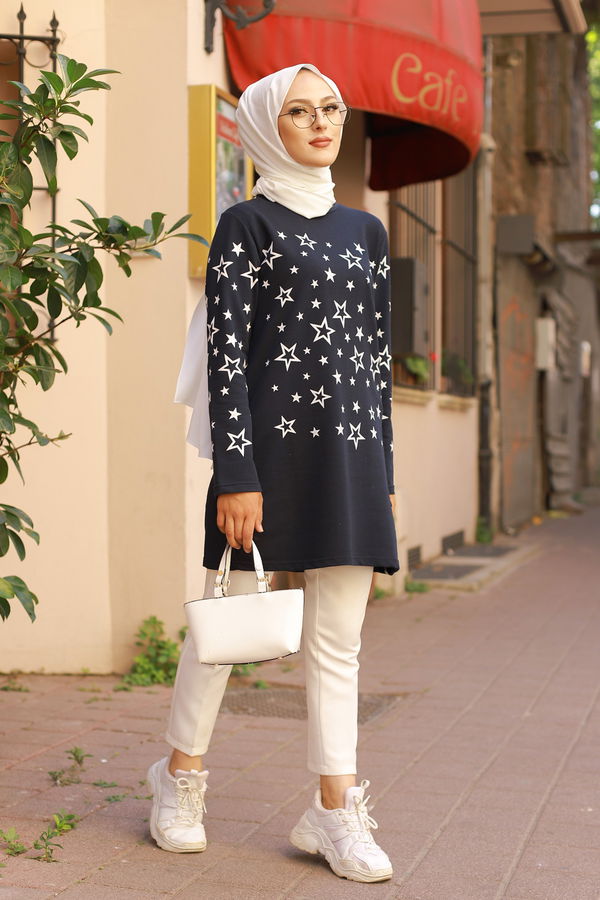 Düz Bisiklet Yaka Kadın Lacivert Yıldız Baskılı Tunik - 8385