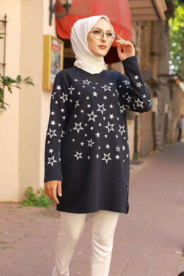 Düz Bisiklet Yaka Kadın Lacivert Yıldız Baskılı Tunik - 8385