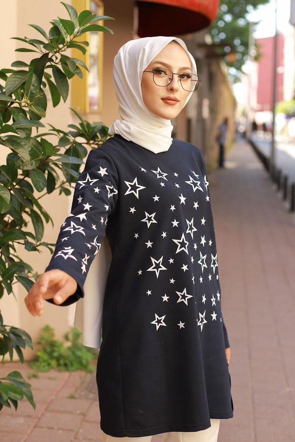 Düz Bisiklet Yaka Kadın Lacivert Yıldız Baskılı Tunik - 8385