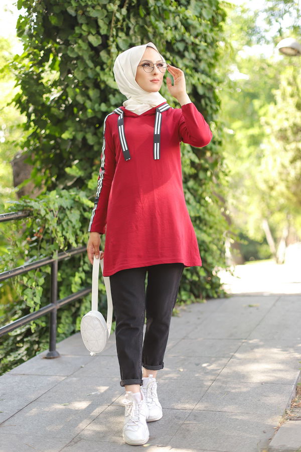 Düz Kapşonlu Yaka Kadın Bordo SERITLI TUNIK - 8358 BORDO