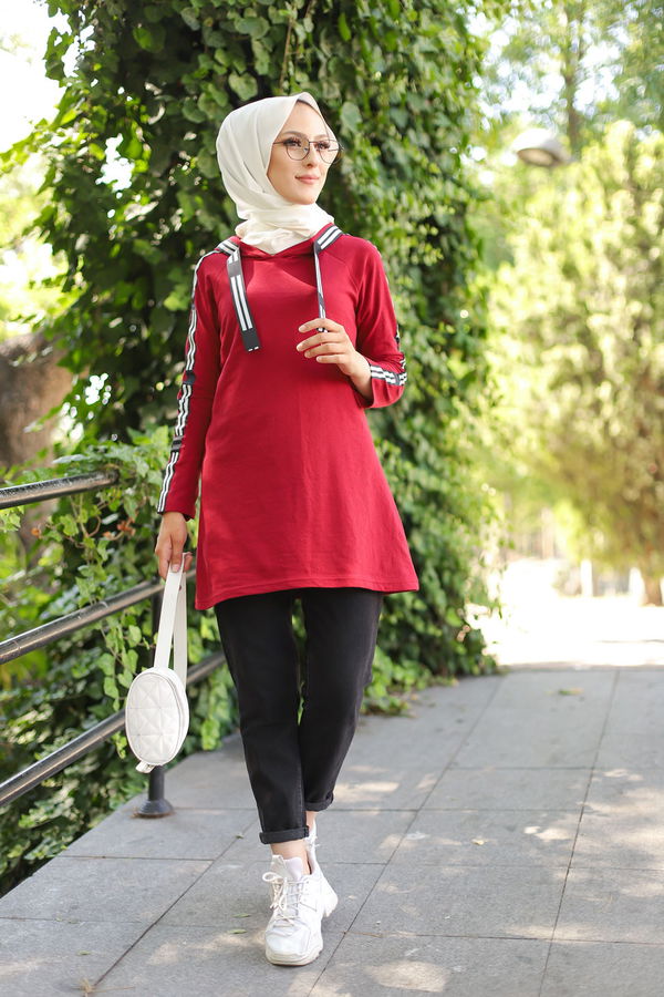Düz Kapşonlu Yaka Kadın Bordo SERITLI TUNIK - 8358 BORDO