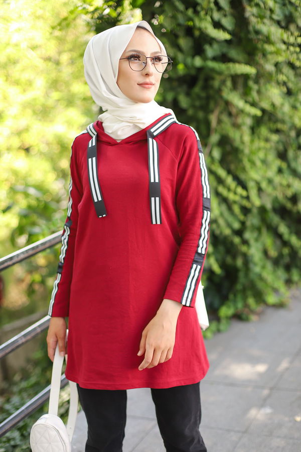 Düz Kapşonlu Yaka Kadın Bordo SERITLI TUNIK - 8358 BORDO