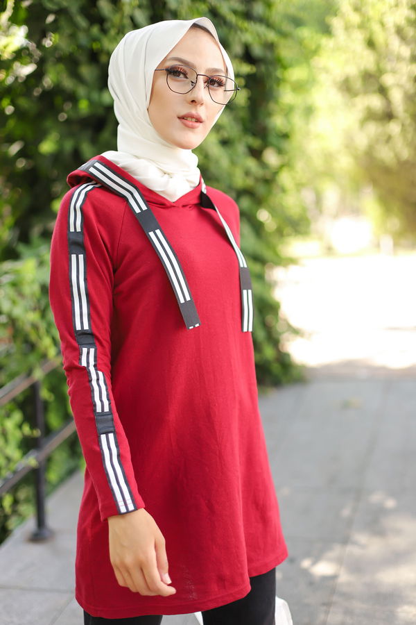 Düz Kapşonlu Yaka Kadın Bordo SERITLI TUNIK - 8358 BORDO