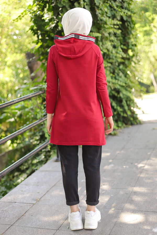 Düz Kapşonlu Yaka Kadın Bordo SERITLI TUNIK - 8358 BORDO