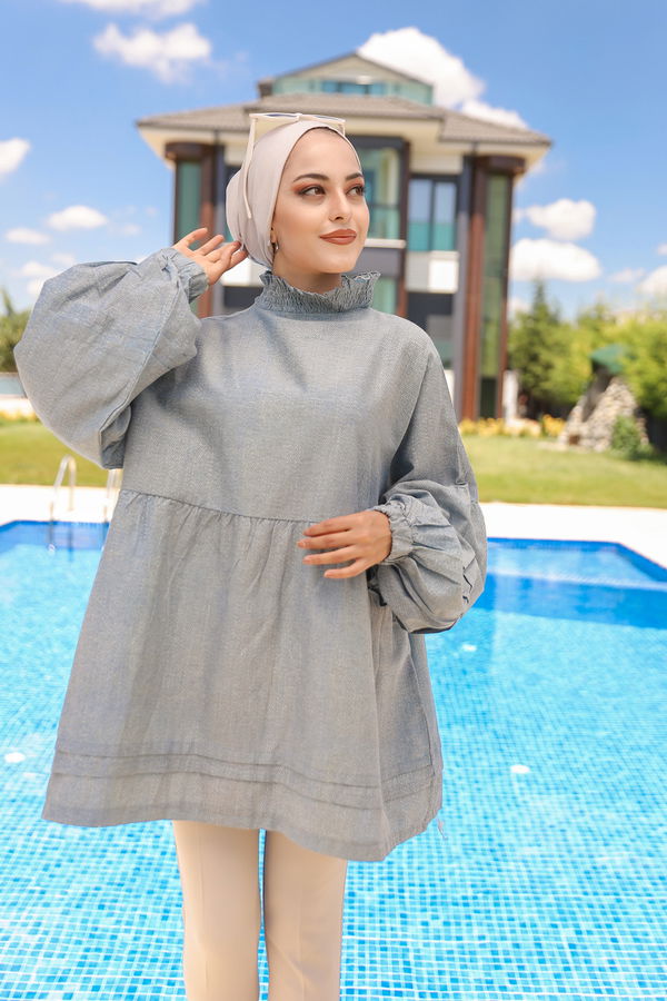 Düz Bisiklet Yaka Kadın Mavi Tunık  - 3079