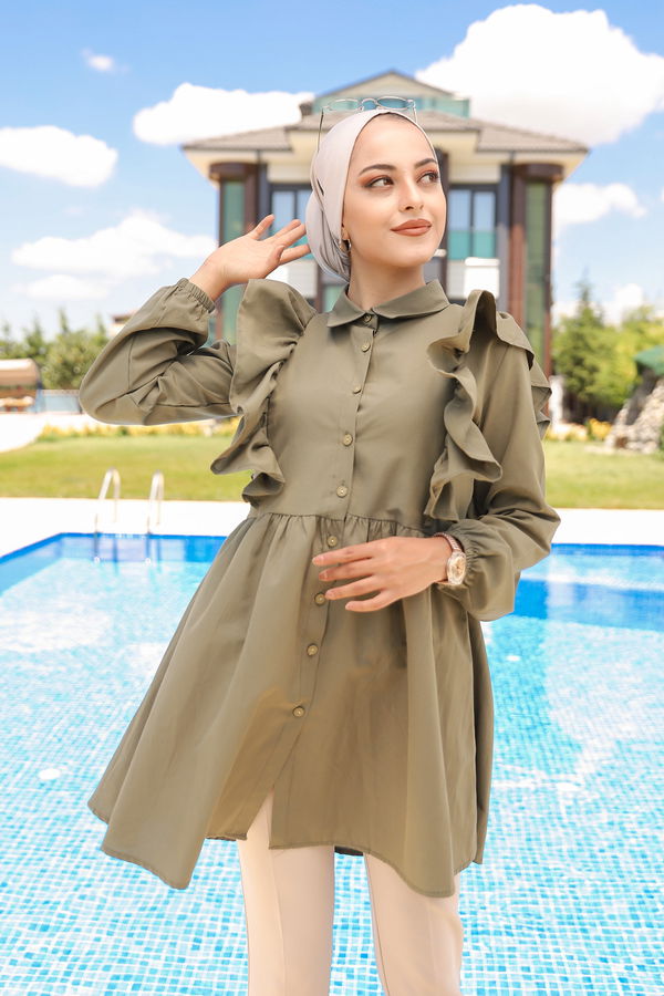Düz Gömlek Yaka Kadın Haki FIRFIRLI TUNIK - 3126