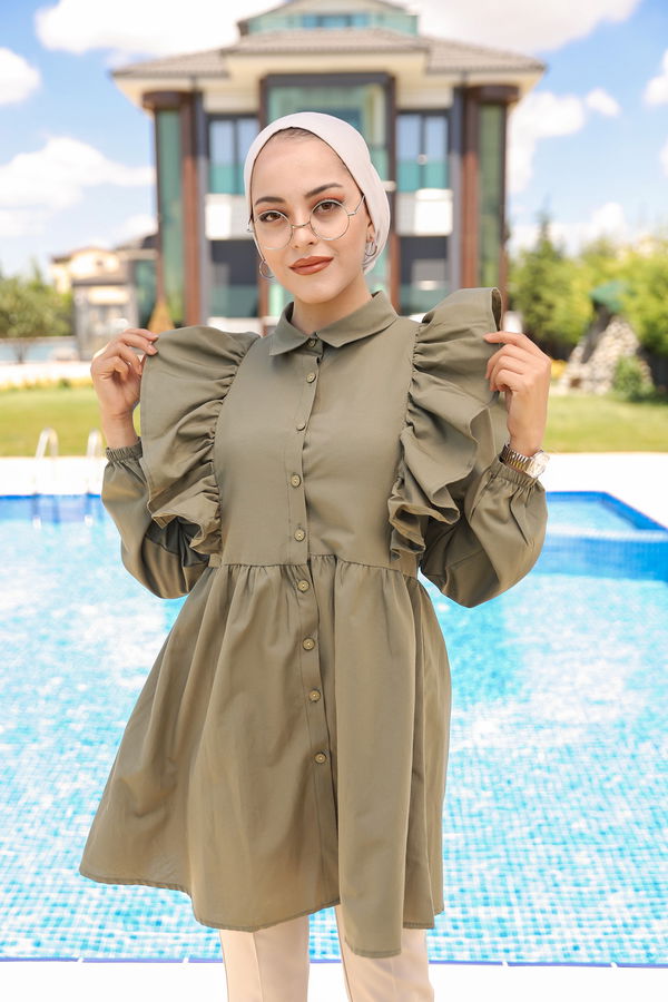 Düz Gömlek Yaka Kadın Haki FIRFIRLI TUNIK - 3126