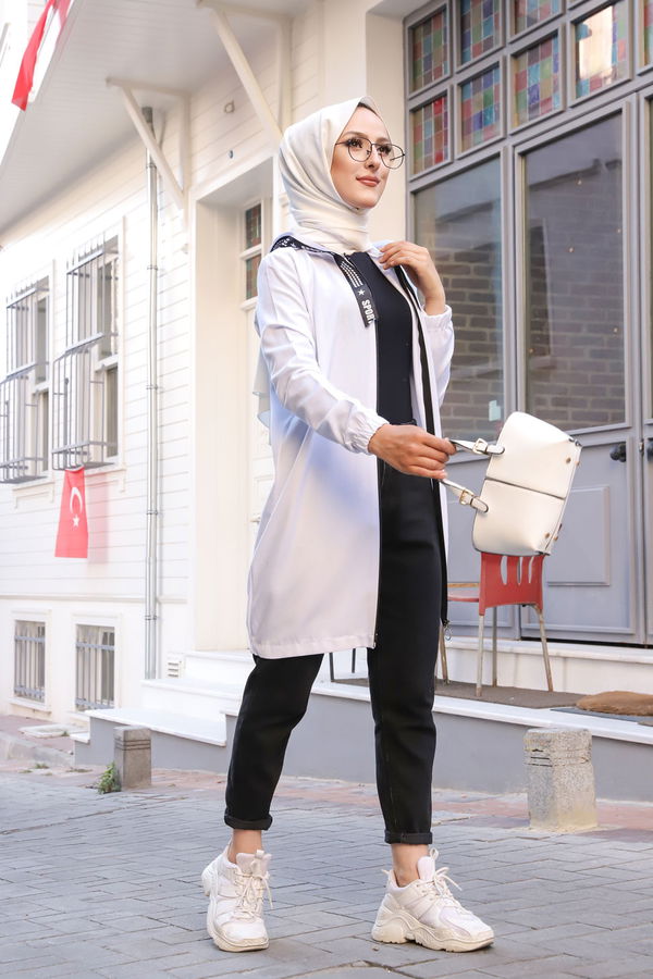 Düz Kapsonlu Yaka Kadın Beyaz Fermuarlı Hırka - 3038