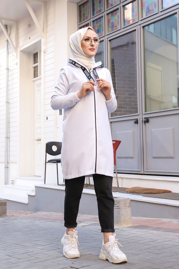 Düz Kapsonlu Yaka Kadın Beyaz Fermuarlı Hırka - 3038