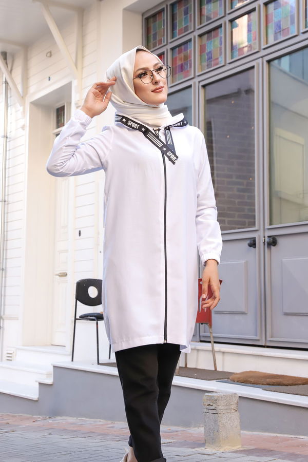Düz Kapsonlu Yaka Kadın Beyaz Fermuarlı Hırka - 3038