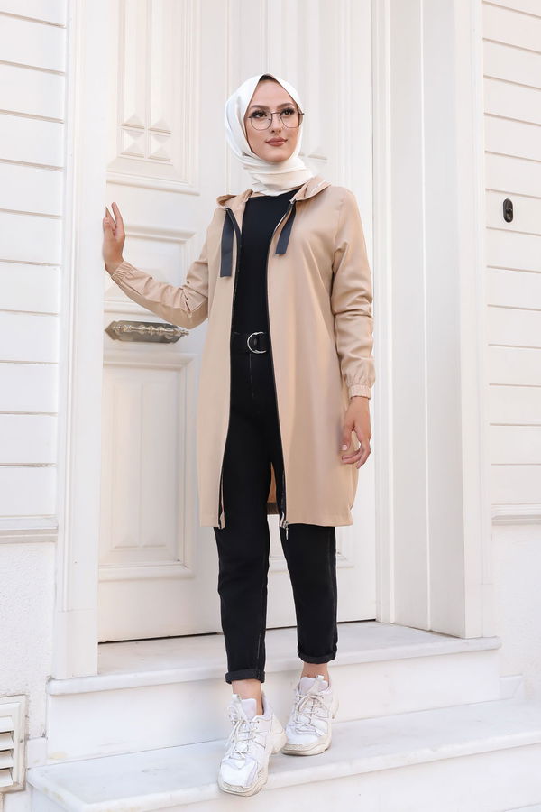 Düz Kapsonlu Yaka Kadın Vizon Fermuarlı Hırka - 3038
