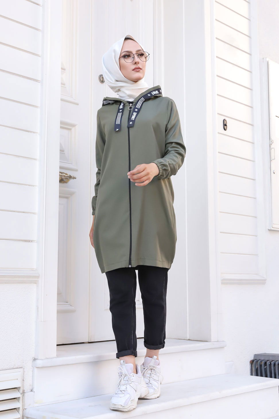 Düz Kapsonlu Yaka Kadın Haki Fermuarlı Hırka - 3038