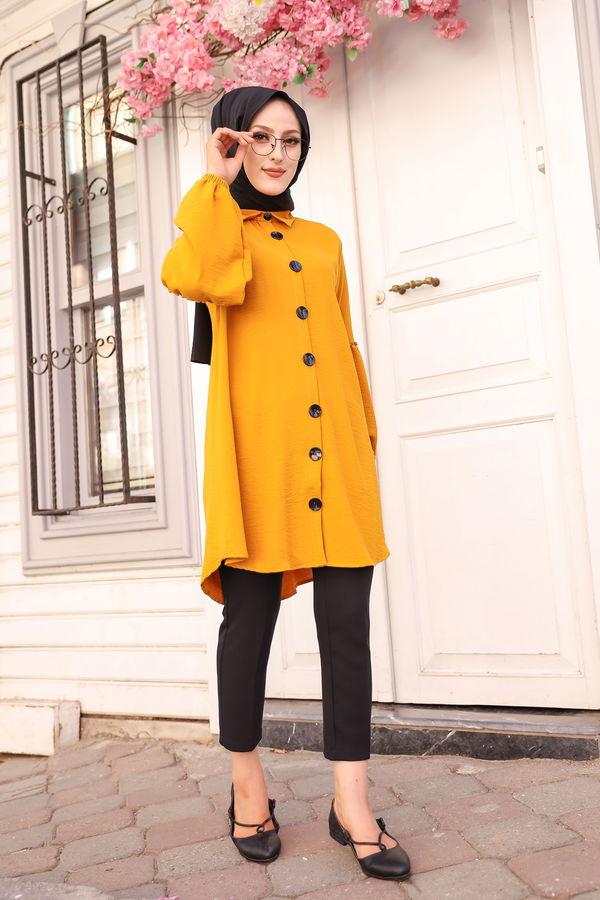 Düz Gömlek Yaka Kadın Sarı KOL BUZGULU TUNIK - 3254