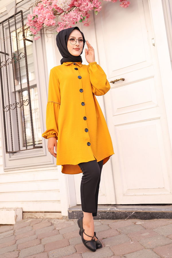 Düz Gömlek Yaka Kadın Sarı KOL BUZGULU TUNIK - 3254