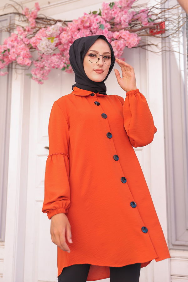 Düz Gömlek Yaka Kadın Kiremit KOL BUZGULU TUNIK - 3254