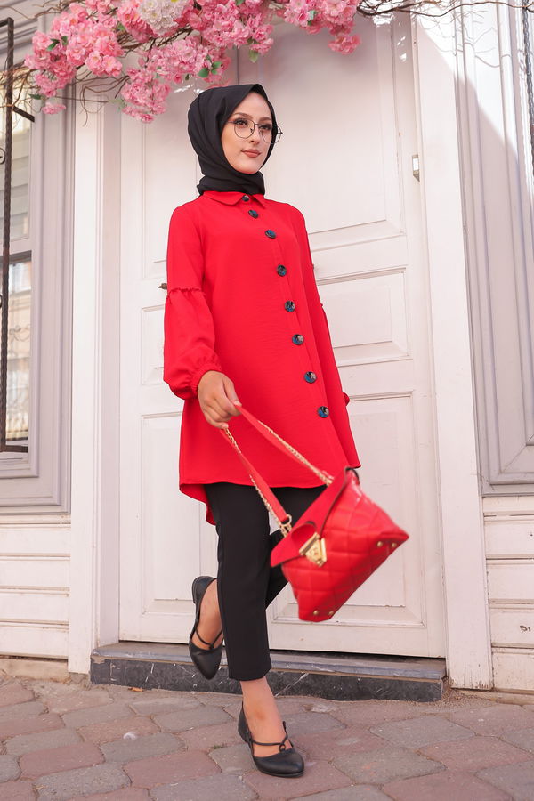 Düz Gömlek Yaka Kadın Kırmızı KOL BUZGULU TUNIK - 3254 Kırmızı