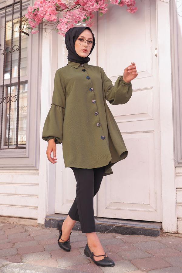 Düz Gömlek Yaka Kadın Haki KOL BUZGULU TUNIK - 3254 HAKİ