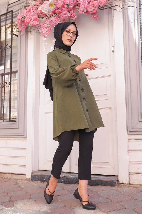 Düz Gömlek Yaka Kadın Haki KOL BUZGULU TUNIK - 3254 HAKİ