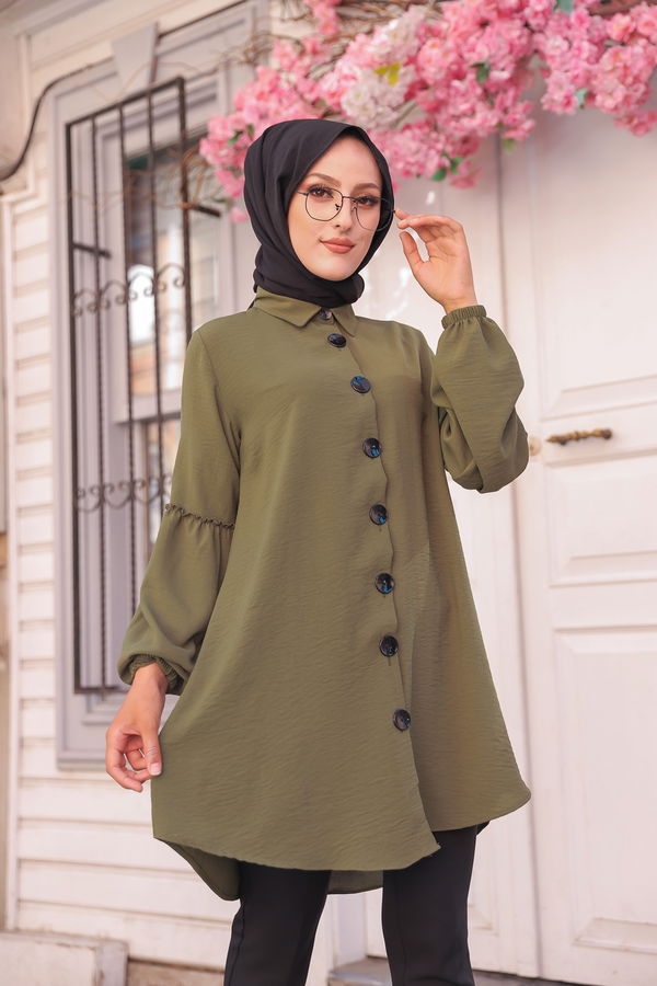 Düz Gömlek Yaka Kadın Haki KOL BUZGULU TUNIK - 3254 HAKİ