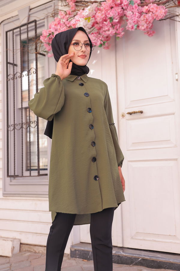 Düz Gömlek Yaka Kadın Haki KOL BUZGULU TUNIK - 3254 HAKİ