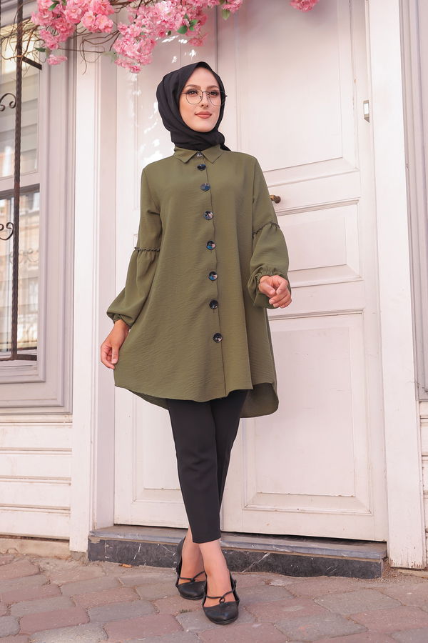 Düz Gömlek Yaka Kadın Haki KOL BUZGULU TUNIK - 3254 HAKİ