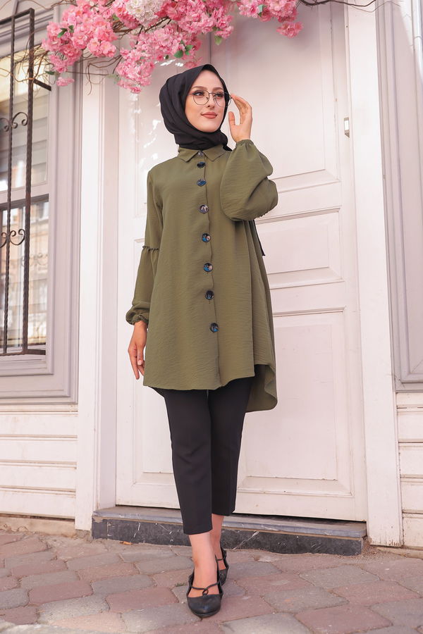 Düz Gömlek Yaka Kadın Haki KOL BUZGULU TUNIK - 3254 HAKİ