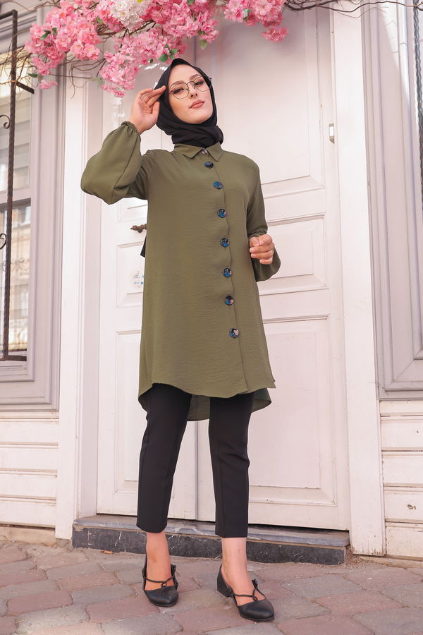 Düz Gömlek Yaka Kadın Haki KOL BUZGULU TUNIK - 3254 HAKİ