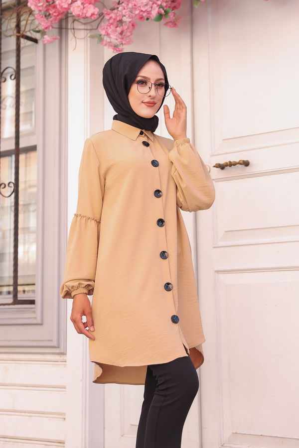 Düz Gömlek Yaka Kadın Bej KOL BUZGULU TUNIK - 3254