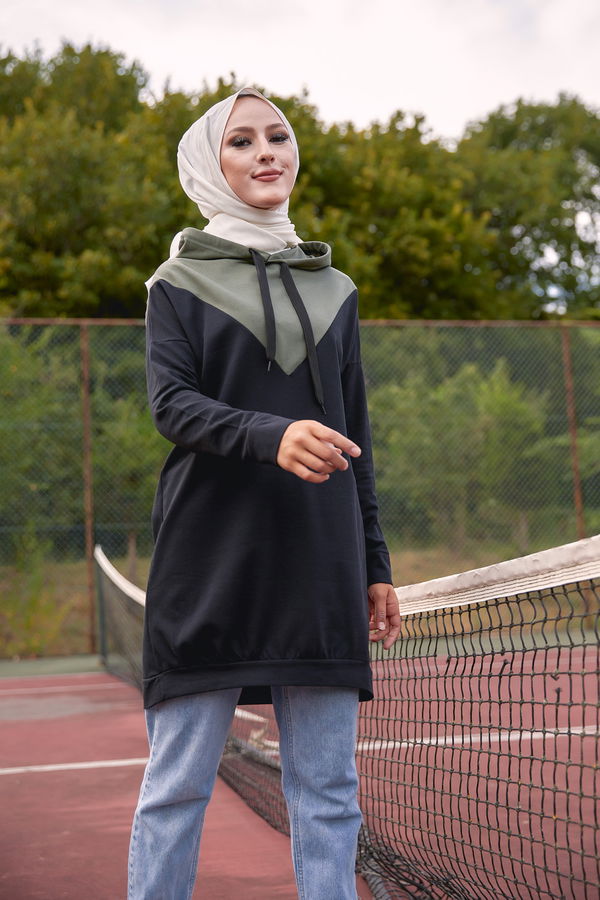 Düz Kapşonlu Yaka Kadın Haki KAPSONLU TUNIK - 3235