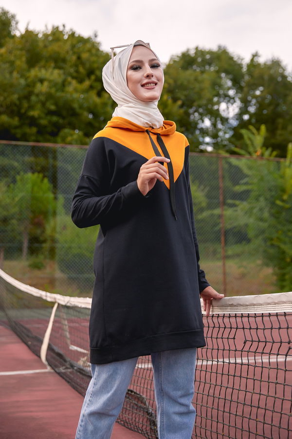 Düz Kapşonlu Yaka Kadın Sarı KAPSONLU TUNIK - 3235