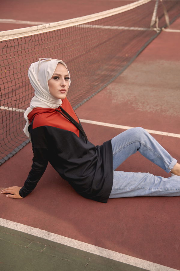 Düz Kapşonlu Yaka Kadın Kiremit KAPSONLU TUNIK - 3235 KİREMİT