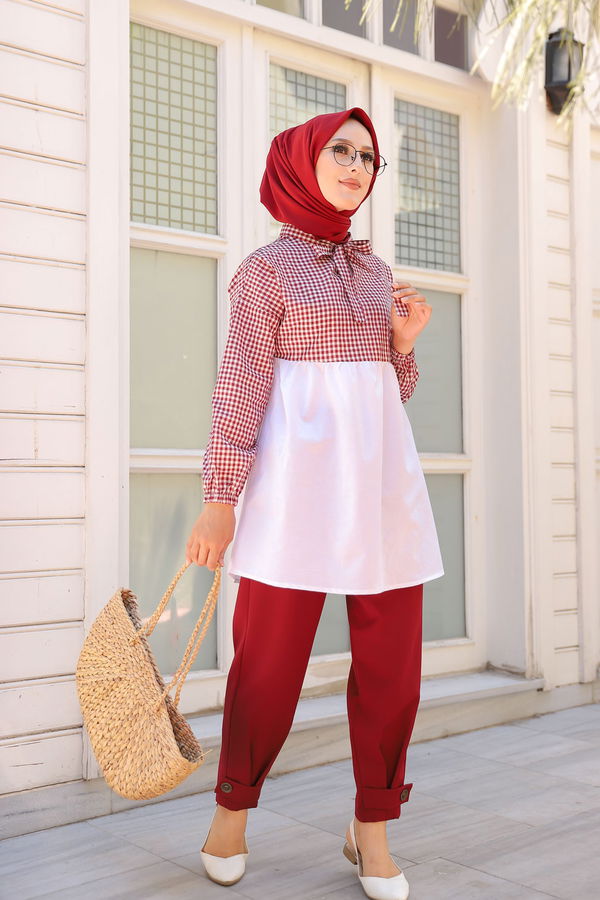Düz Hakim Yaka Kadın Bordo KARELI TUNIK - 3255 BORDO
