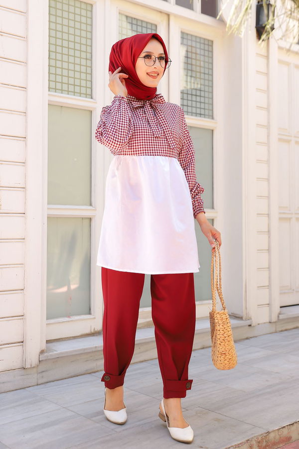 Düz Hakim Yaka Kadın Bordo KARELI TUNIK - 3255 BORDO