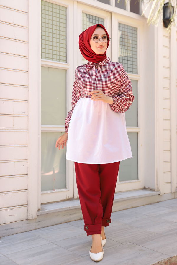 Düz Hakim Yaka Kadın Bordo KARELI TUNIK - 3255 BORDO