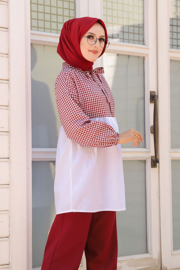 Düz Hakim Yaka Kadın Bordo KARELI TUNIK - 3255 BORDO