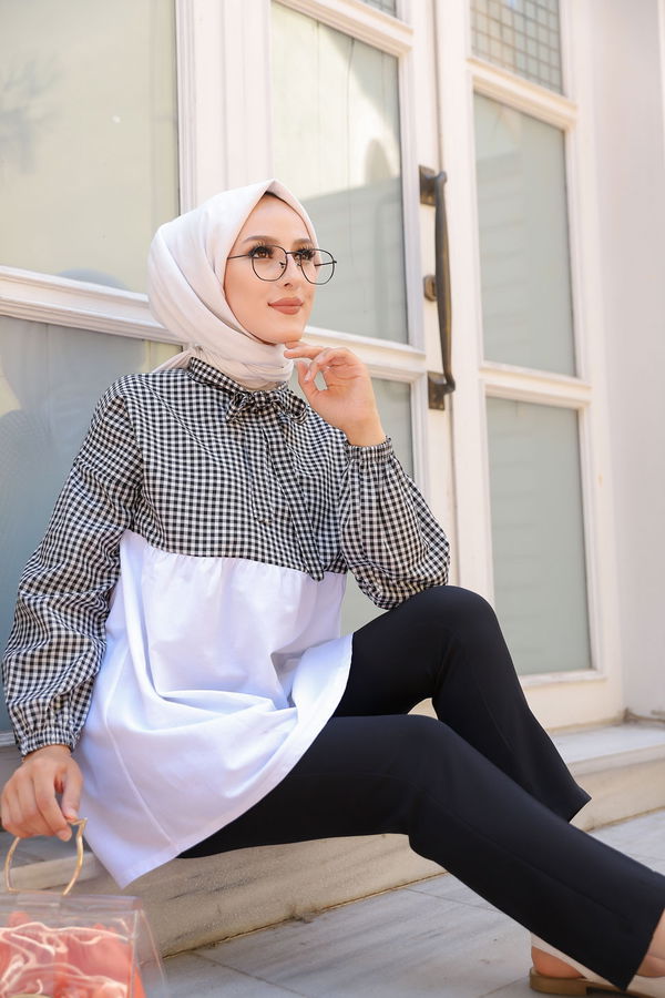 Düz Hakim Yaka Kadın Siyah KARELI TUNIK - 3255