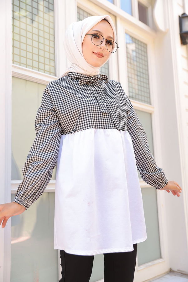 Düz Hakim Yaka Kadın Siyah KARELI TUNIK - 3255