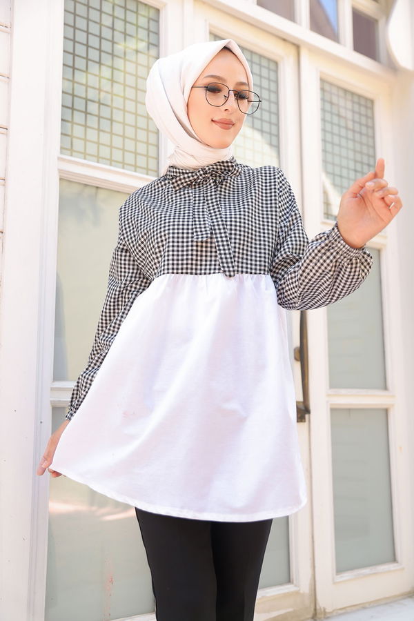 Düz Hakim Yaka Kadın Siyah KARELI TUNIK - 3255