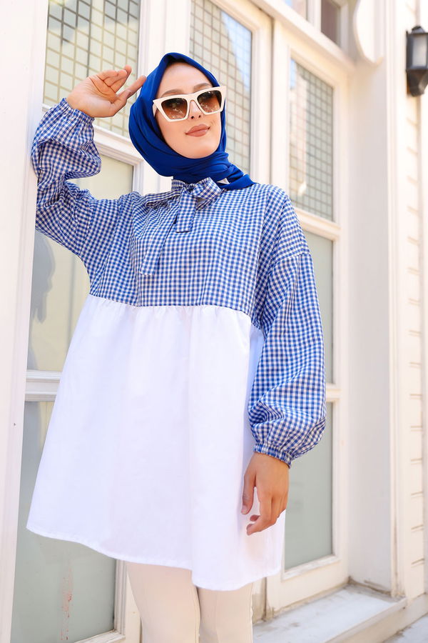 Düz Hakim Yaka Kadın Mavi KARELI TUNIK - 3255