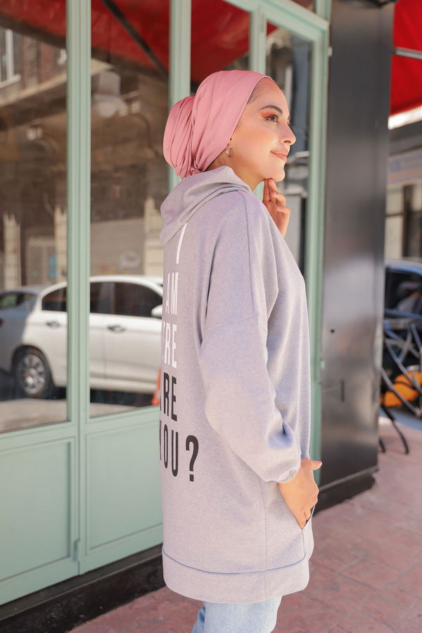 Düz Kapsonlu Yaka Kadın Gri KAPSONLU SWEAT - 3258