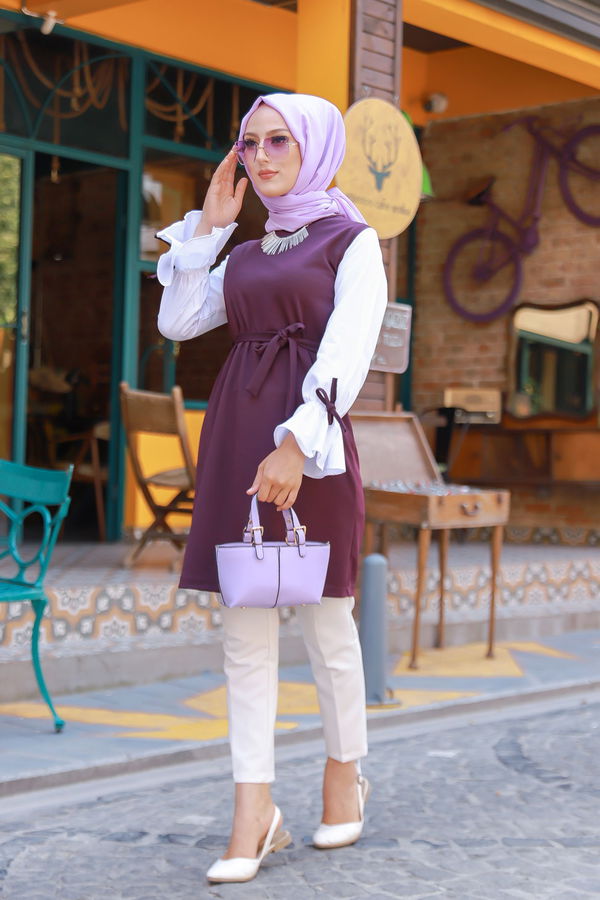 Düz Bisiklet Yaka Kadın Mürdüm TUNIK - 3238 MÜRDÜM