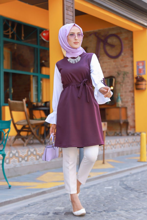 Düz Bisiklet Yaka Kadın Mürdüm TUNIK - 3238 MÜRDÜM
