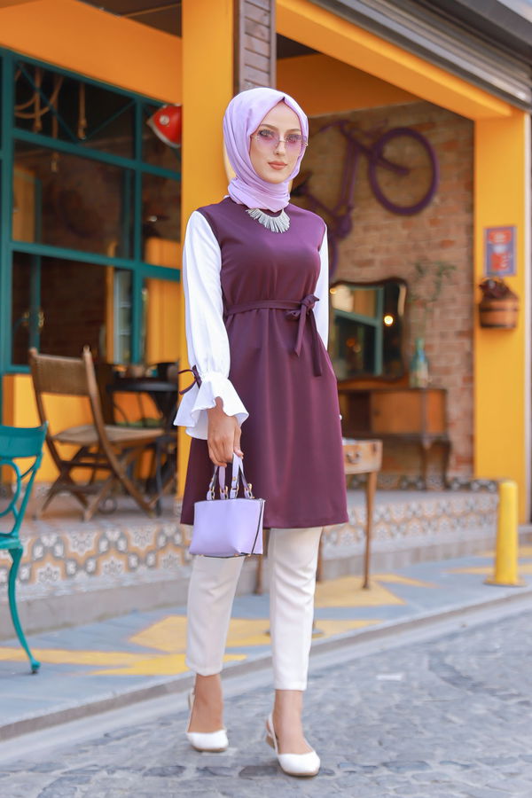Düz Bisiklet Yaka Kadın Mürdüm TUNIK - 3238 MÜRDÜM
