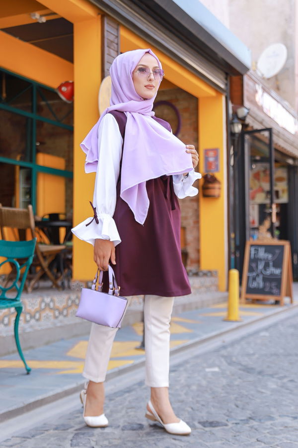 Düz Bisiklet Yaka Kadın Mürdüm TUNIK - 3238 MÜRDÜM