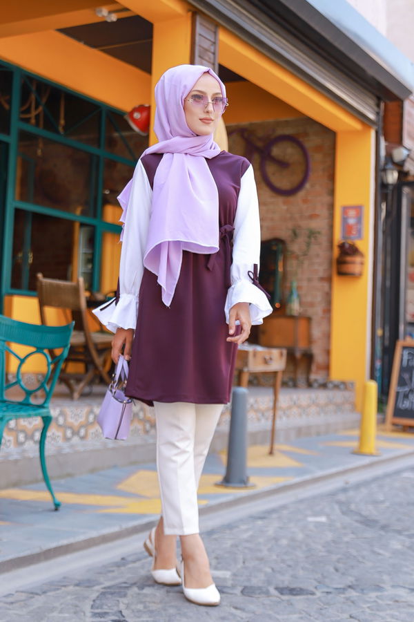 Düz Bisiklet Yaka Kadın Mürdüm TUNIK - 3238 MÜRDÜM