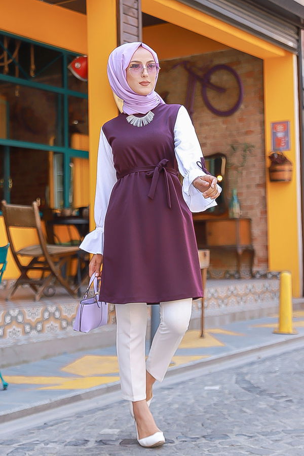 Düz Bisiklet Yaka Kadın Mürdüm TUNIK - 3238 MÜRDÜM