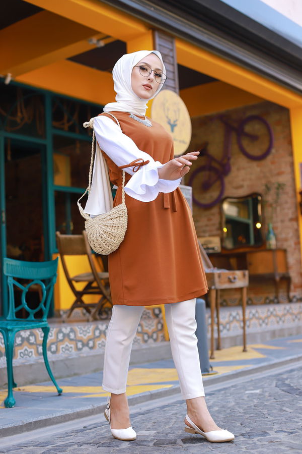 Düz Bisiklet Yaka Kadın Kiremit TUNIK - 3238 KİREMİT