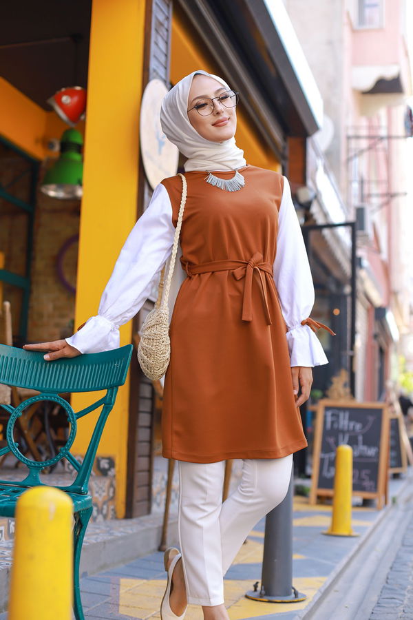 Düz Bisiklet Yaka Kadın Kiremit TUNIK - 3238 KİREMİT