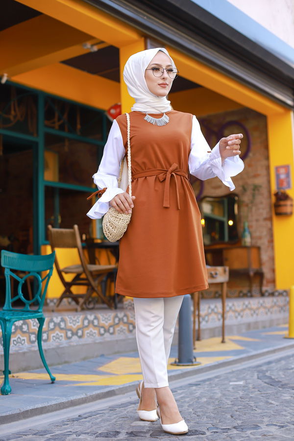 Düz Bisiklet Yaka Kadın Kiremit TUNIK - 3238 KİREMİT