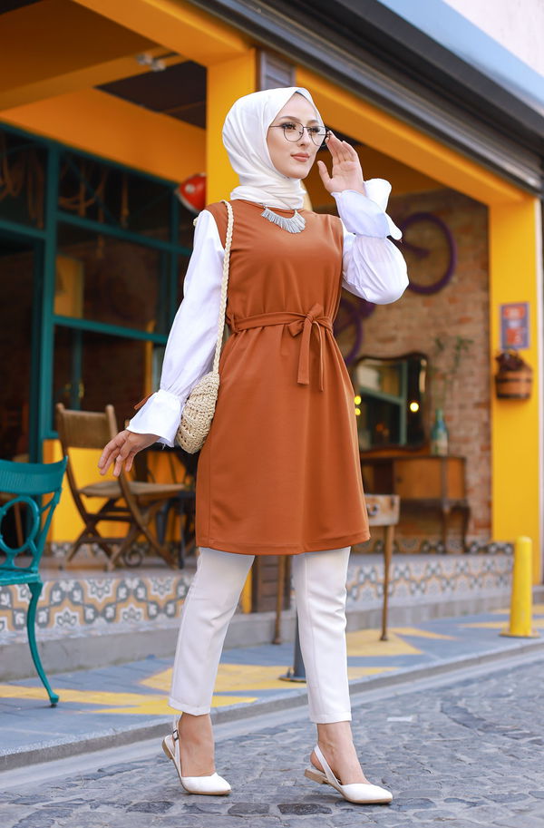 Düz Bisiklet Yaka Kadın Kiremit TUNIK - 3238 KİREMİT